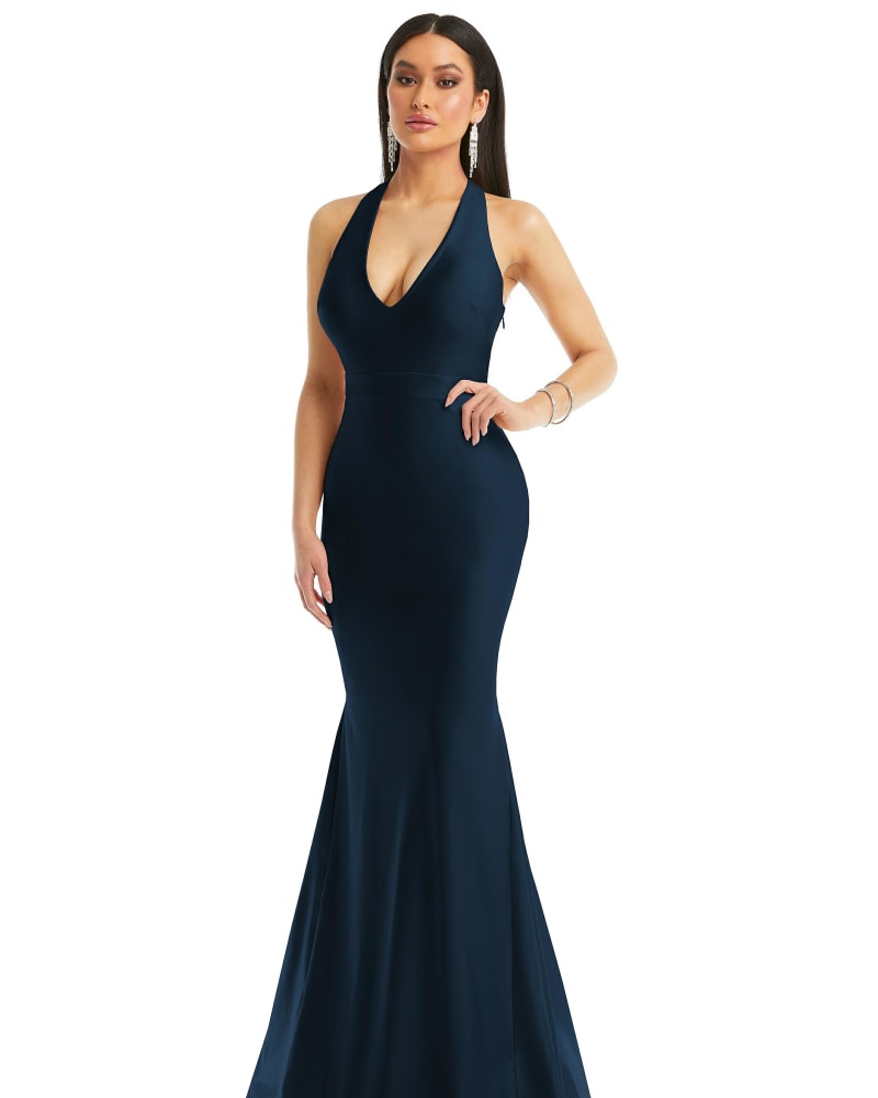 Front of a model wearing a size XXL Plunge Neckline Cutout Low Back Stretch Satin Mermaid Dress in Midnight Navy by Cynthia & Sahar. | dia_product_style_image_id:301276